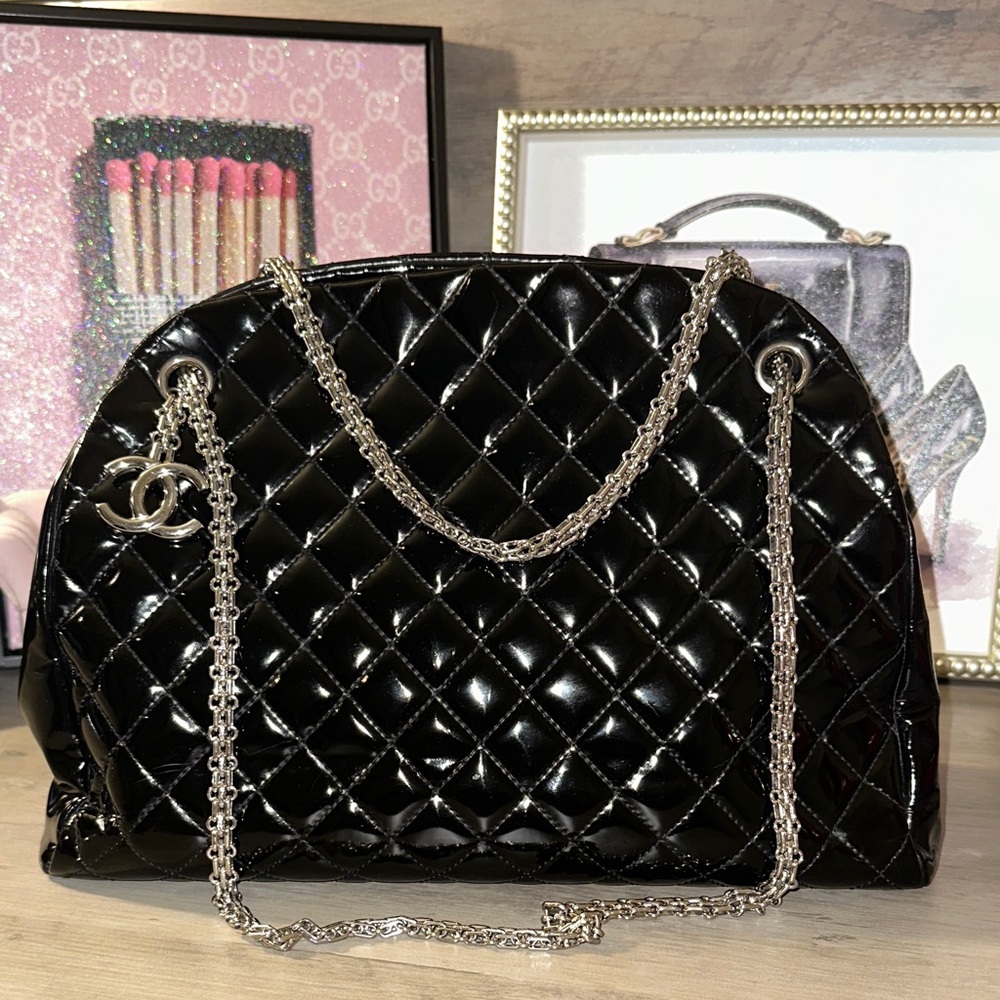 CHANEL Just Mademoiselle Large Bowling Bag Black Quilted Patent Leather